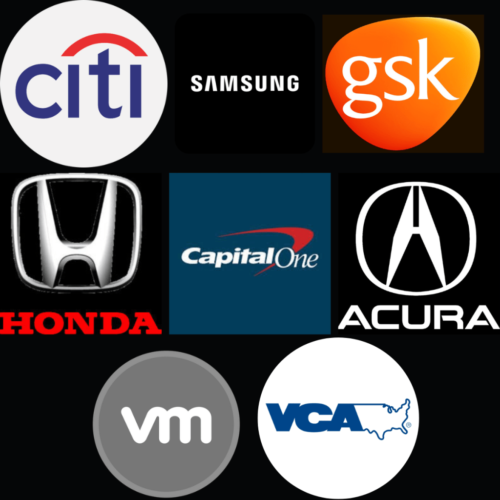 Logos for Citibank, Samsung, GlaxoSmithKlein, Honda, Capital One, Acura, VMWare and VCA